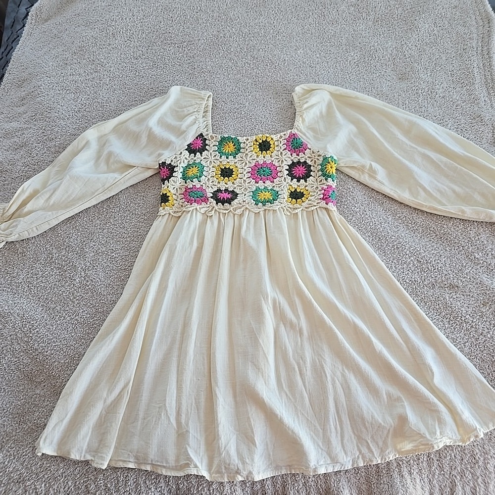 Umgee Long Sleeve Crochet Floral On/off Sleeve Dress M Boho Hippie‎ Renaissance
